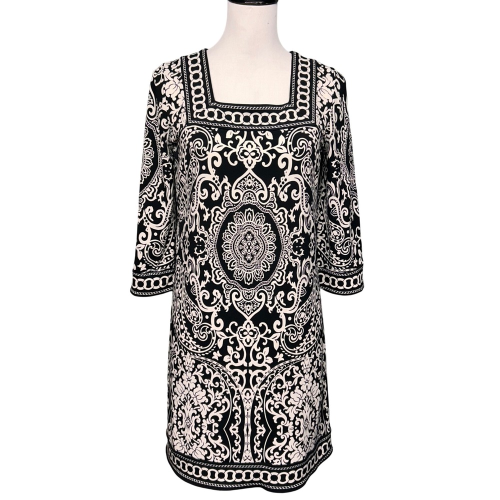 Ann Taylor LOFT Petites Dress Women SP Black White Damask Shift 3/4 Slv Mod